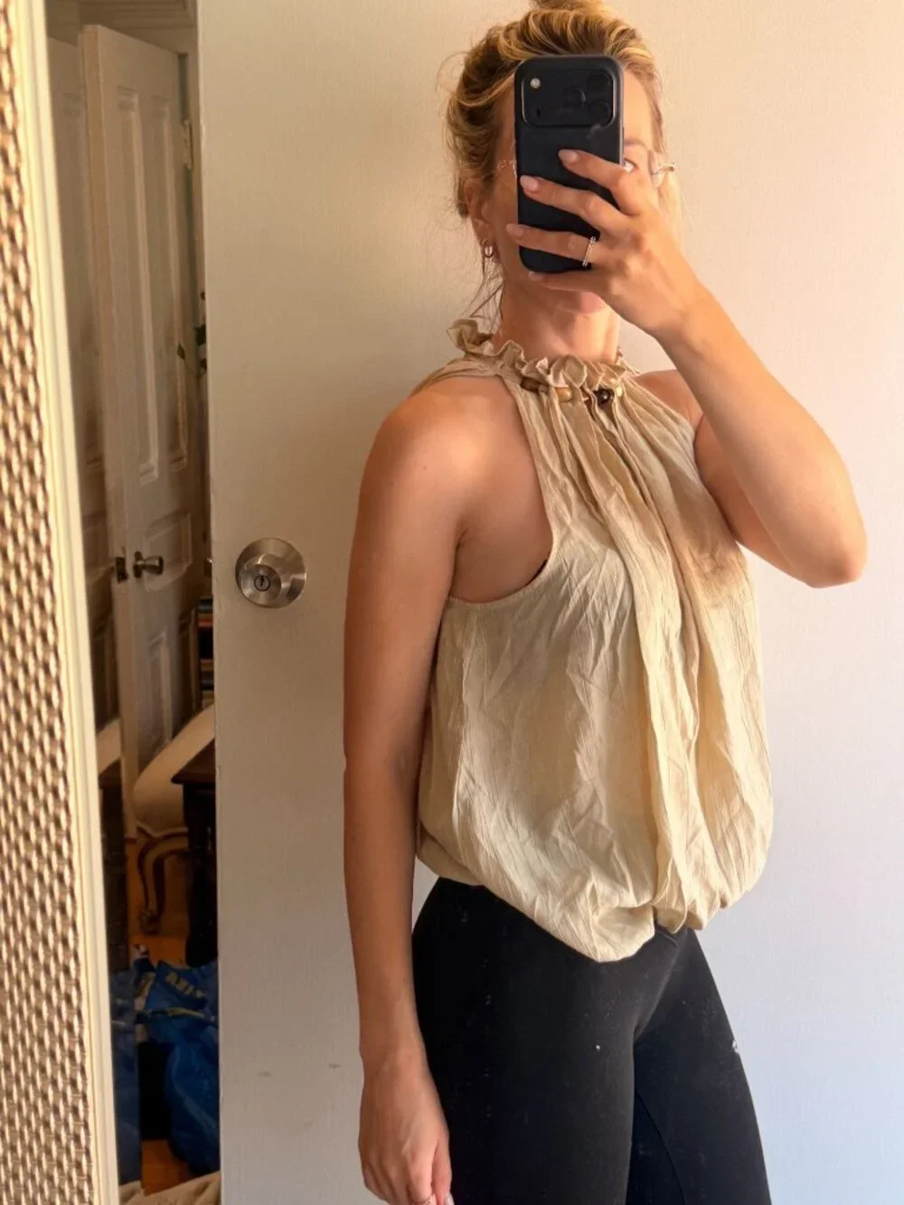 zara high neck tan neutral blouse beaded small fall officecore